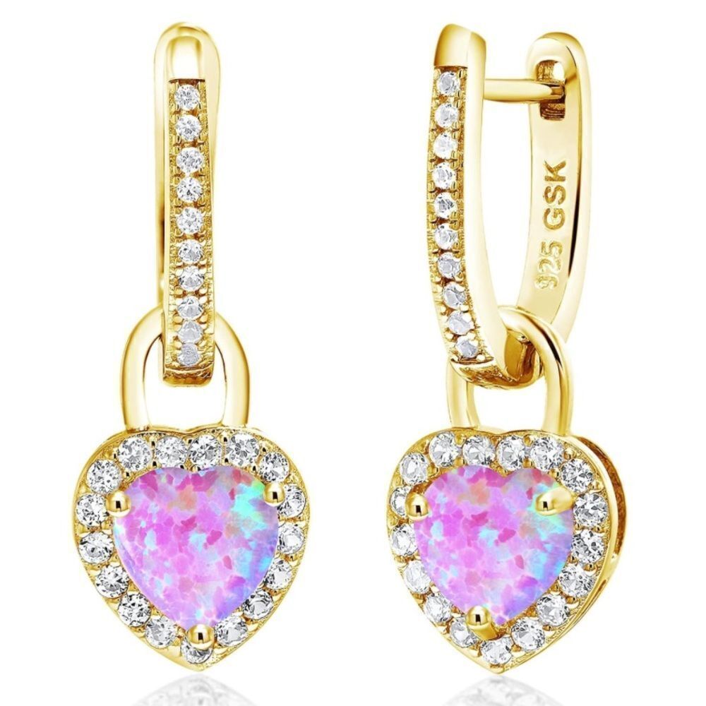 18K Yellow Gold 925 with 2.00 Cttw Pink Opal and White Sapphire Heart Earrings